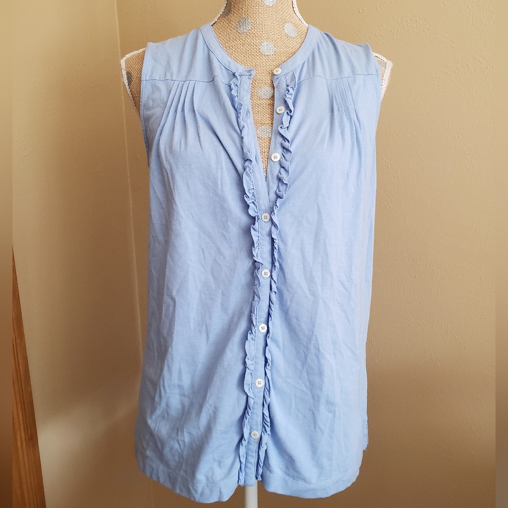 Lands' end button down blue tank medium pleats ruffle neck